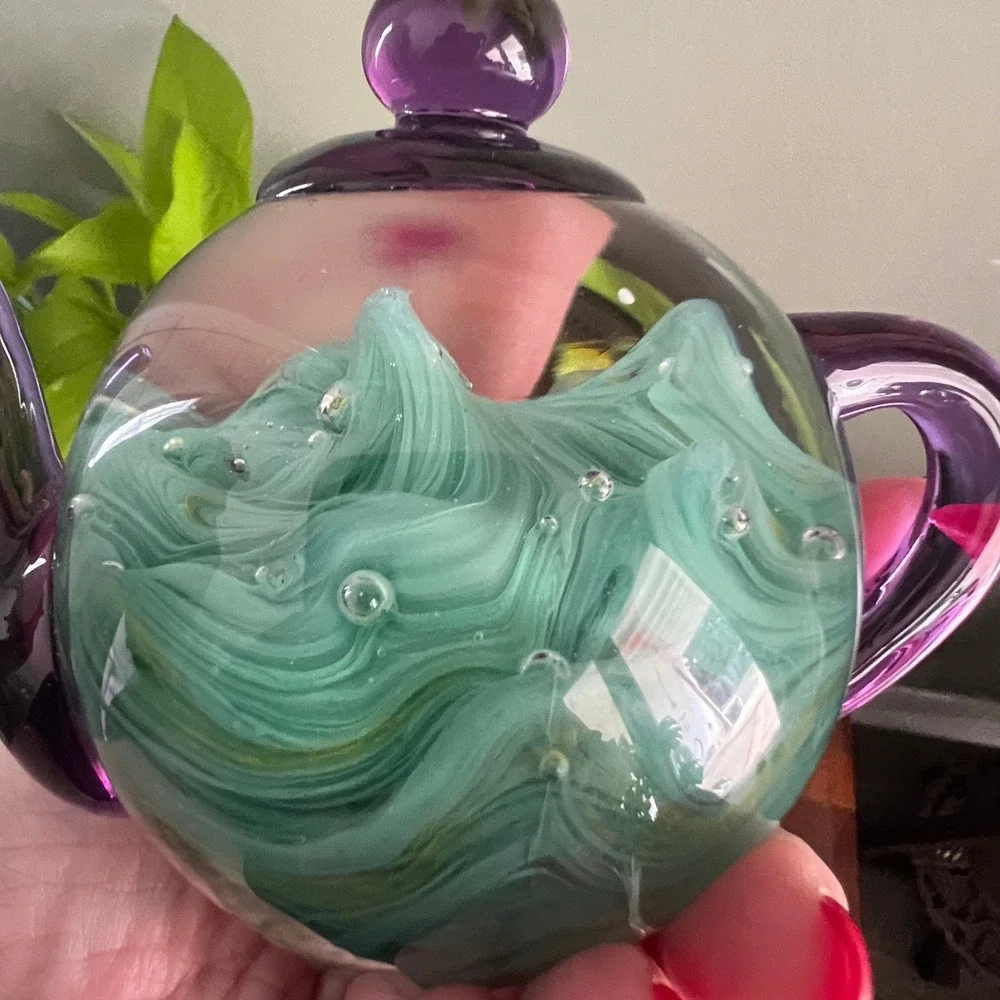 Art Glass Teapot Paperweight Teal Swirl Purple Spout Controlled Bubble Decor